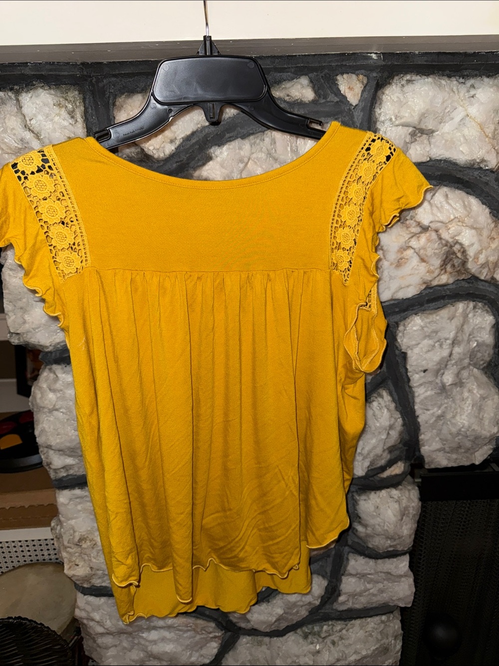 Loveappella Mustard Yellow Lace-Trim Flutter Sleeve Top— large